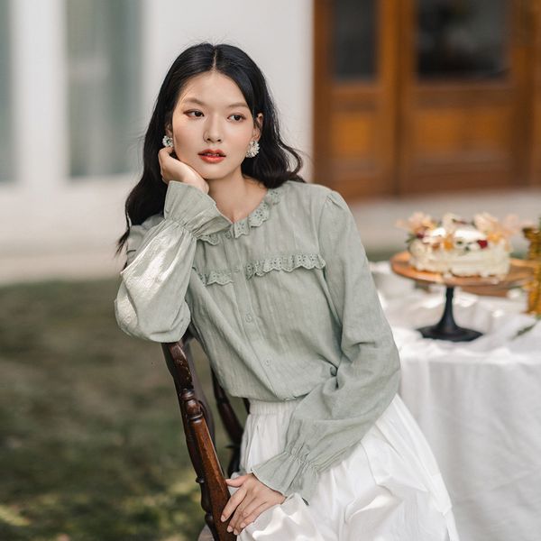 

blouses spring autumn pure cotton long soft artistic lace round neck bubble sleeve blouse g56u, White