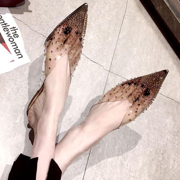 

2021 summer new fashion rhinestone jelly transparent stiletto high heels slippers baotou wearing half slippers outside for women, Black