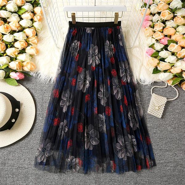 

summer double-layer mesh pleated skirt vintage flower print elastic high waist falda plisada de mujer casual skirts for women, Black