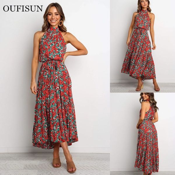 Oufisun Fashion Floral Print Dress Beach Wear Boho Maxi Donna senza maniche Halter Long es con cintura Summer Sundress 210517