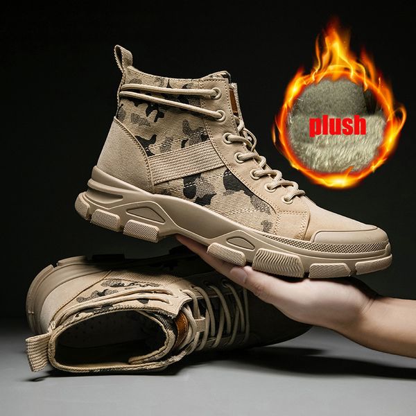 

new winter men leather boots shoes men plush inside high camouflage canvas warm cool army desert boots, Black