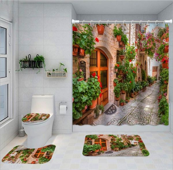 

shower curtains 3d printing for bathroom 4 sets potted plants path mat bath waterproof cloth + non-slip toilet