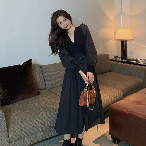 

women's dress in spring and autumn 2021 korean french knitted stitched v-neck bubble sleeve temperament leisure casual dresses, Black;gray