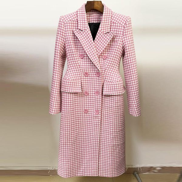 

women's wool & blends winter 2021 fashion designer overcoat women's slim fitting double breasted pink houndstooth tweed lon, Black