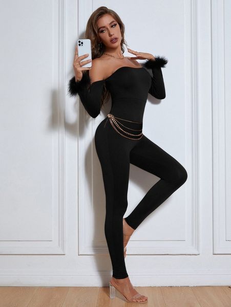 

off shoulder fuzzy cuff unitard jumpsuit b2od#, White