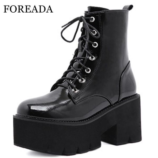 

boots foreada woman shoes motorcycle autumn high heel round toe zipper ladies footwear platform thick ankle 43 black