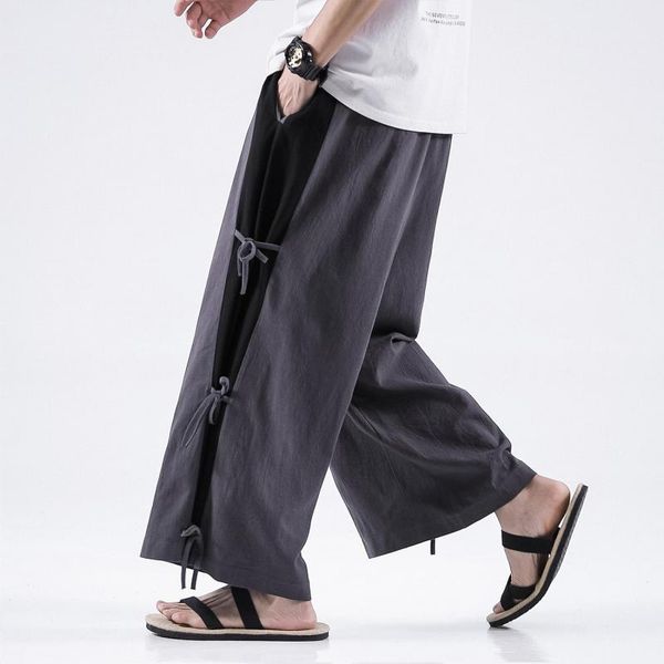 

m-5xl japanese streetwear wide leg linen pants elastic waist ankle length loose fitting plus size hemp trousers casual xxxxxl, Black