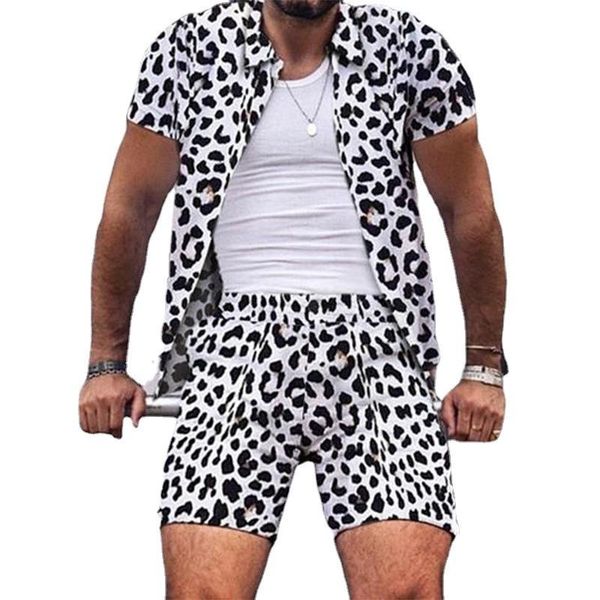 

leopard print two piece tracksuits street casual printing short-sleeved shirt shorts fashion suit, Gray
