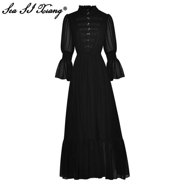 

casual dresses seasixiang fashion designer summer chiffon dress women's stand collar flare sleeve elegant black party long, Black;gray