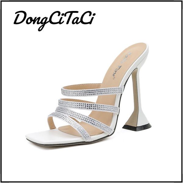 

dress shoes dongcitaci women's square toe high heels sandals party pumps for women fashion slingback crystal sexy, Black