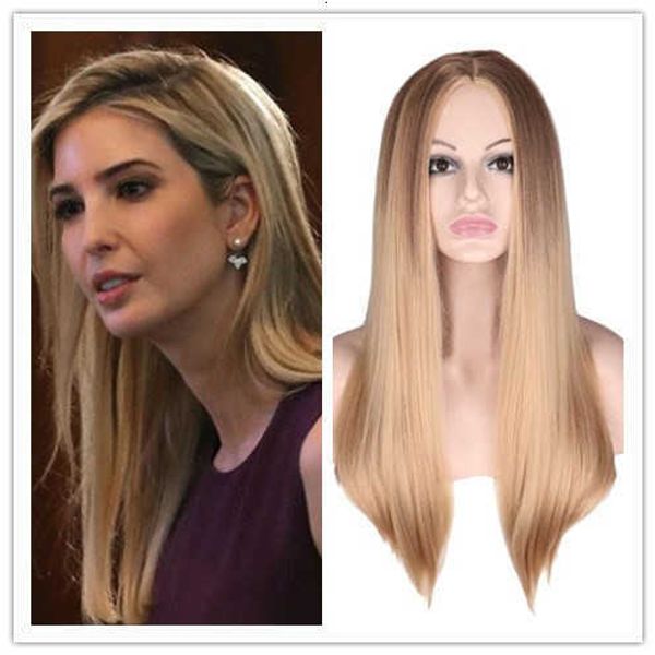 

wig women's dyeing gradient gold medium split long wig headset straight hair, Black