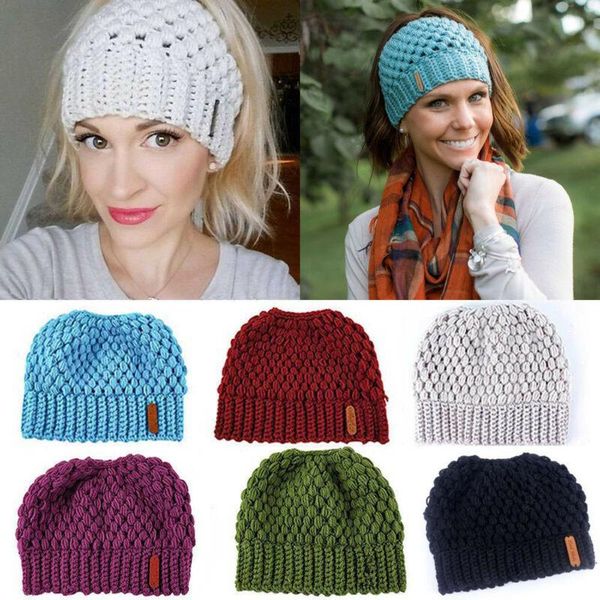 

beanie/skull caps women girls hat messy high bun stretch knit winter warm hole cap, Blue;gray