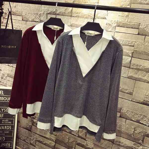 

spring fake two-piece womens shirts vintage turn-down collar loose slim mujer plus size 5xl ad4, White