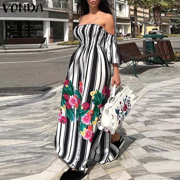 

casual dresses maxi dress women strapless vintage printed party vonda ladies summer beach sundress femme bohemian vestidos 5xl, Black;gray