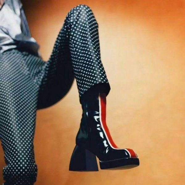

boots show square head platform thick short british heel color matching leather women's style bottom side zipper, Black
