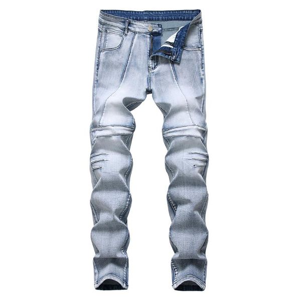 

men's jeans light blue stretch denim slim straight pants trousers