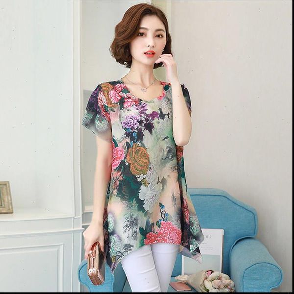 

women shirt summer middle aaged o neck chiffon casual blouse female fashion short sleeve loose plus size w70, White