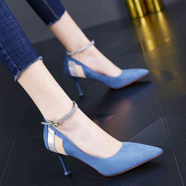 

sandals autumn fashion pointed suede stiletto heels women's temperament wild color matching word with shallow mouth shoes, Black