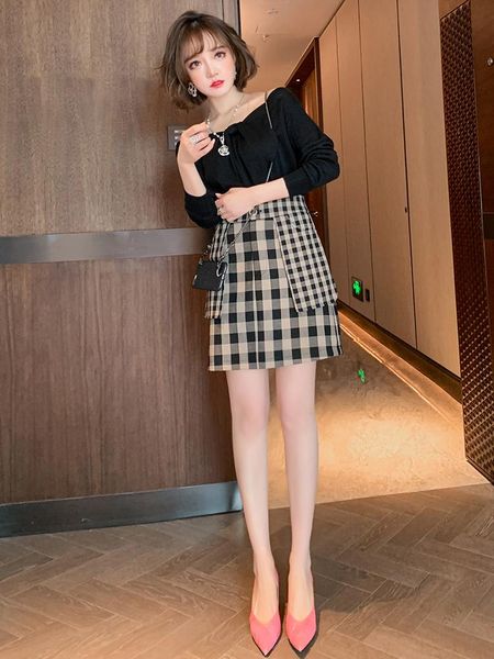 

women's tracksuits literary style contrast retro checkered high waist patch big pocket skirt 2021 autumn and winter, Gray