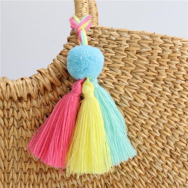 

keychains 1pc colorful pompons with tassel key chains rings for women bag pendant diy handmade jewelry, Silver