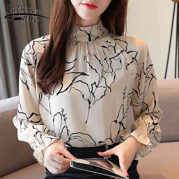

fashion print long sleeve chiffon blouse women korean style and autumn stand flare clothing 5959 50 210427, White