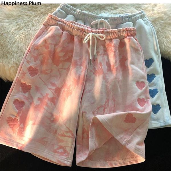 

women's shorts women casual tie dye heart embroidery high waist harajuku short pant female summer loose bottoms plus size streetwear, White;black