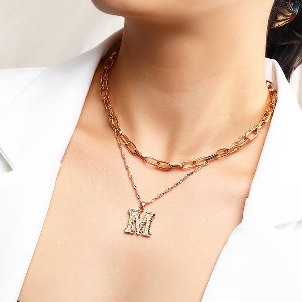 

boho english letter m b shape pendant fashion necklaces bijoux chain choker 2 layer collar girls hiphop jewelry wholesale, Silver