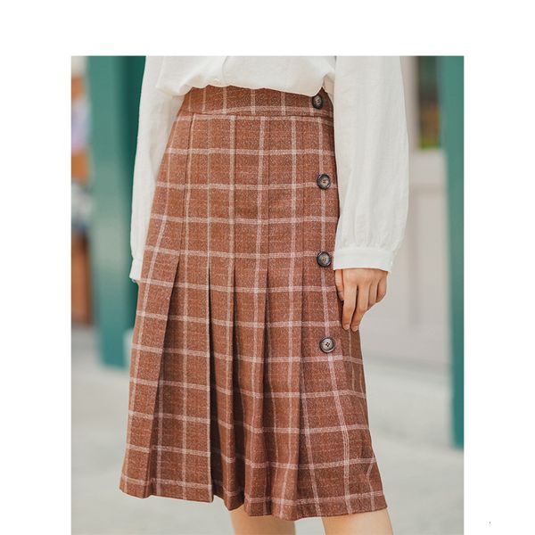 

skirt autumn winter vintage check single-breasted pleated middle-skirt pgy2, Black