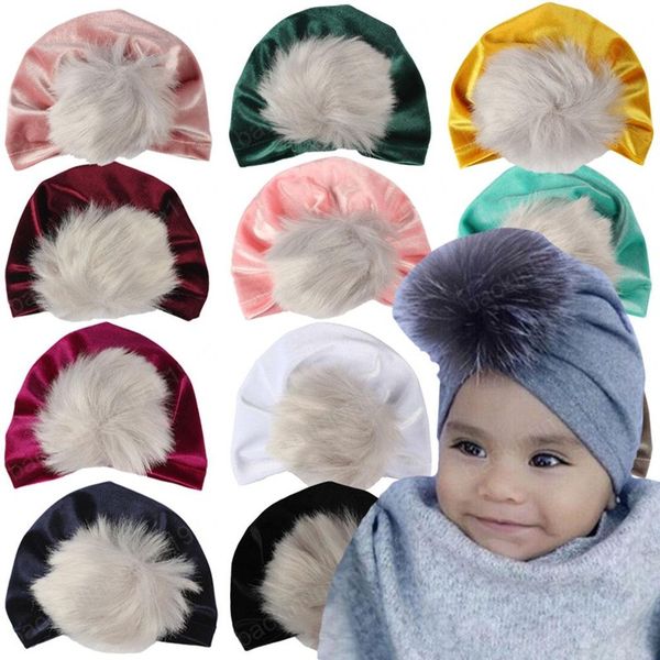 

ins 11 colors newborn baby hats velvet hair ball caps kids solid baby girls slouchy beanies skull cap newborn toddler fur balls caps, Yellow