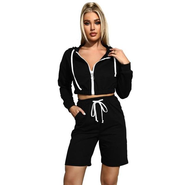 

women's tracksuits fashion suit autumn casual hooded collar zipper solid color sweater five-point pants two-piece donsignet, Gray