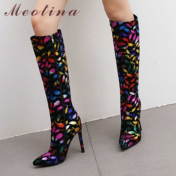

meotina knee-high boots women shoes pointed toe stiletto heels zip long boots mixed colors extreme high heel lady boots winter 210608, Black
