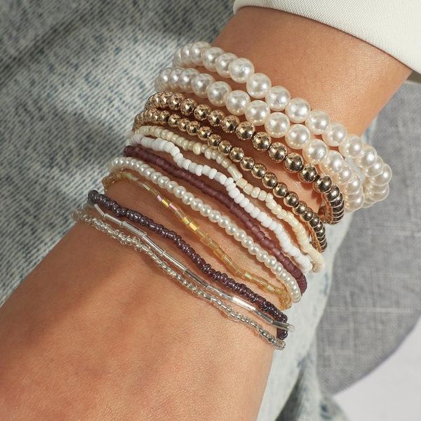 

bangle ornapeadia bohemian bracelet for women girls multi-layer pearl beaded elastic rope jewelry temperament, Black