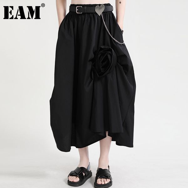 

[eam] high elastic waist black appliques ruffles loose striped half-body skirt women fashion spring autumn 1dd7164 210512