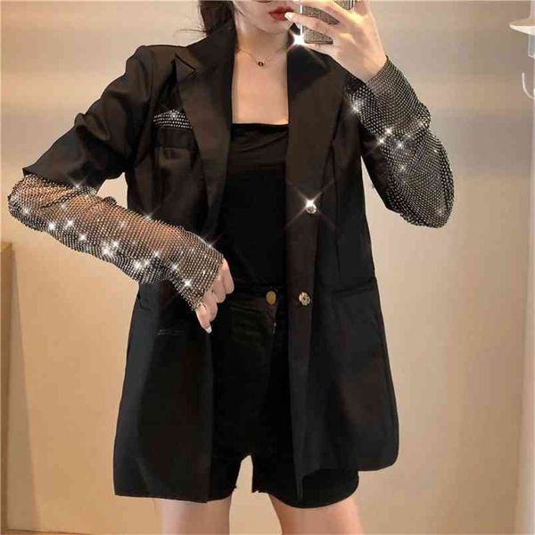 

autumn solid blazer for women long sleeve diamond patchwork elegant coat female fashion women clothing 210519, White