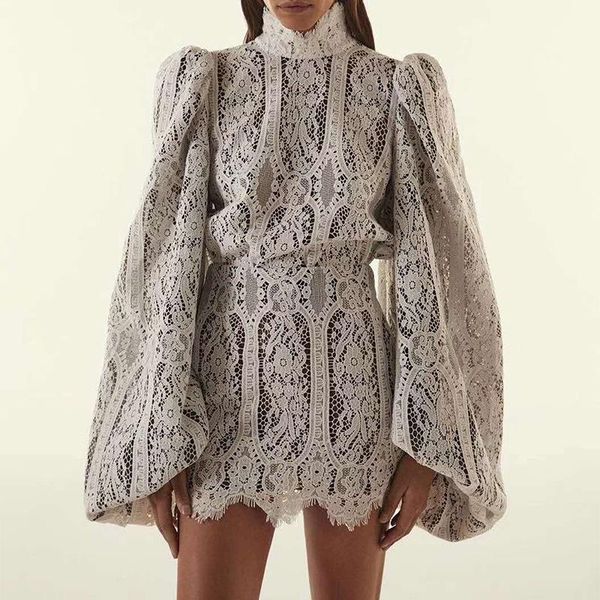 

women's tracksuits women skirt sets lantern sleeve lace blouse+high waist, Gray