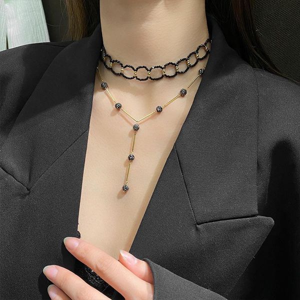 

pendant necklaces black necklace women korean simple crystal beaded choker long fashion temperament jewelry, Silver