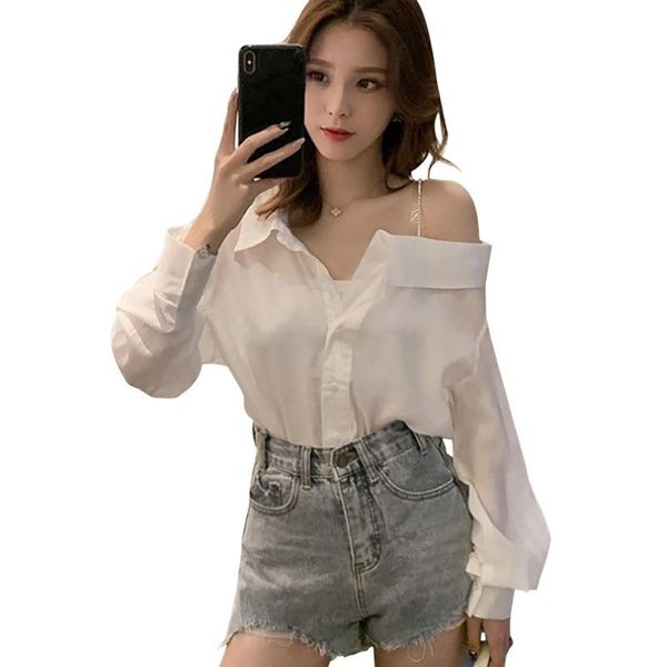 

autumn sling off the shoulder women thin shirt korean style fashion white long-sleeved blouse women's blouses & shirts