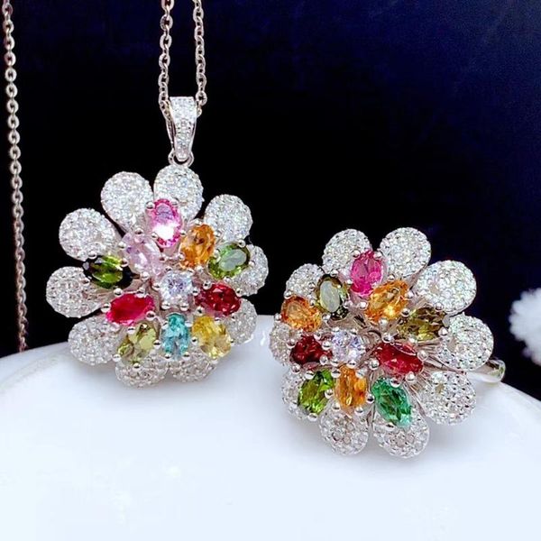 

natural multicolor tourmaline gem jewelry sets gemstone pendant ring 925 silver luxurious sun flowers women gift bracelet, earrings & neckla, Black