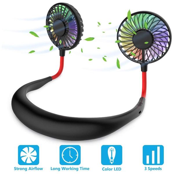 

portable mini fan neck neckband with rechargeable battery hand air conditioner cooler sports light usb desk electric fans