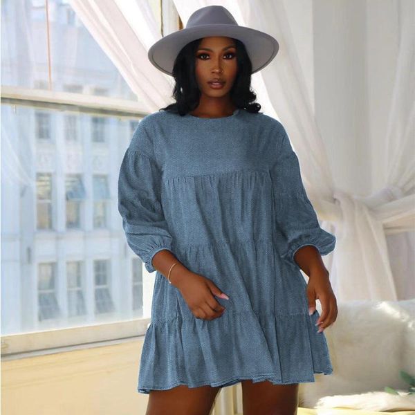 

casual dresses donsignet women dress autumn solid color o-neck pleated lantern sleeve plus size fashion vestido feminino, Black;gray