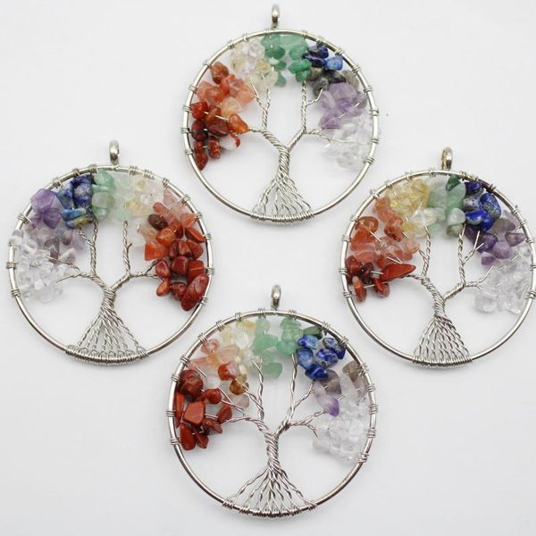 

charms 7 chakra quartz natural stone big tree of life pendulum pendant for jewelry making reiki healing crystal necklaces pendants 50mm, Bronze;silver