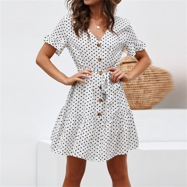 Chiffon-Sommer-Kleid-Frauen-Tupfen-Boho-Strand-Kleid Vintage Short Sleeve Sexy Party Kleider Minisommerkleid plus Größe 210323