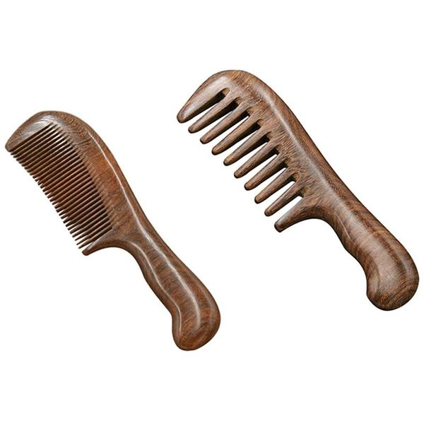 Escovas de cabelo 2 pcs sândalo largo pente de dente encaracolado portátil ferramenta de massagem de madeira grossa, fina