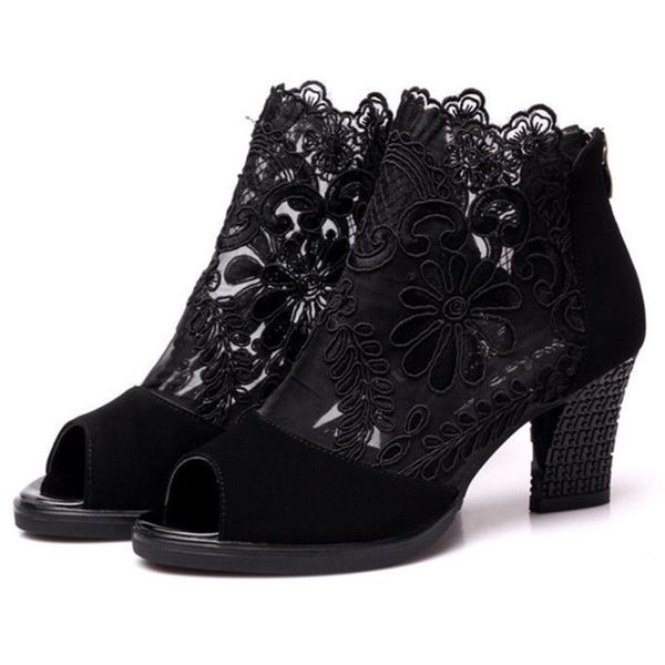 

fish mouth shoes lace silk gauze breathable women's sandals 2021 mid-heel woman roman thick heel casual high heels, Black