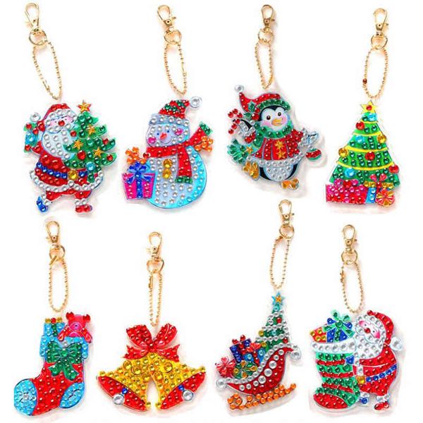 

8pcs diy christmas painting keychain pendant full drill special shaped diamond embroidery women bag decoration xmas gift, Slivery;golden