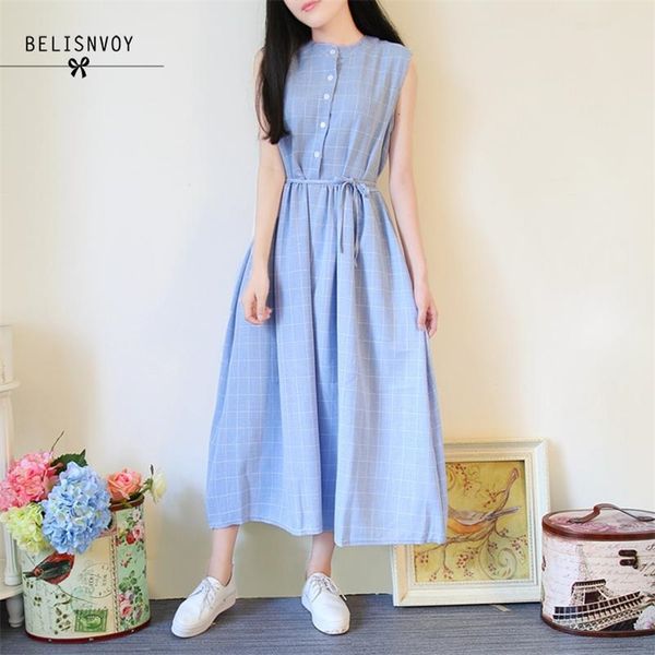 

mori girl summer women sleeveless long dress cotton linen tank blue gray plaid sundress vestidos mujer 210520, Black;gray