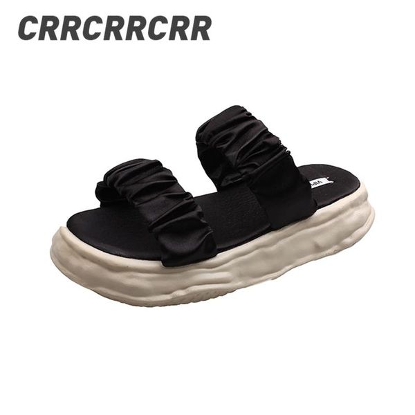 

slippers crrcrrcrr women's concise pleated summer silk candy color flats female platform elegant slides soft non-slip casual, Black