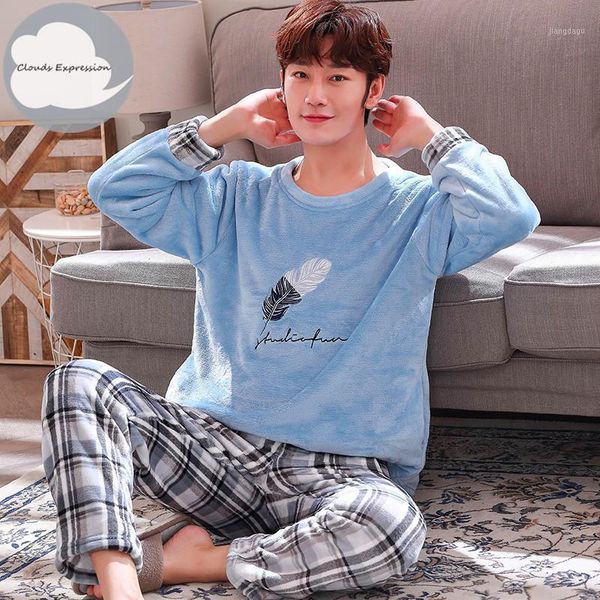 

autumn winter long sleeve warm flannel men's cartoon pajama sets thick men sleepwear coral fleece sleep lounge pajamas clothing, Black;brown