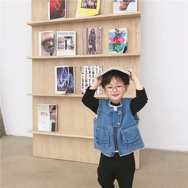 

vest spring arrival korean style cotton pure color fashion loose denim coat with pockets for cool cute baby girls and boys, Blue