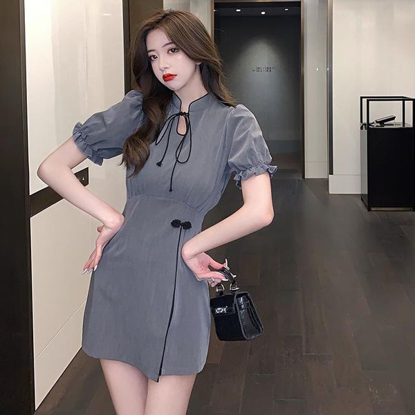 

ethnic clothing 2pcs women chinese style french improved cheongsam tang suit shorts retro grey qipao party dress bodycon vintage vestid, Red